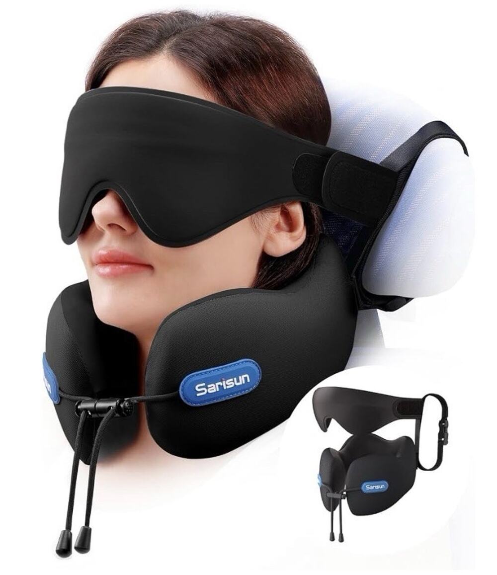 SARISUN Neck Pillow Memory Foam Seat Strap Support with 3D Eye Mask Black